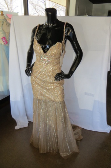 Mac Duggal Highly Detailed Beaded Evening Gown, Size 6,  Nude Color, $2608.