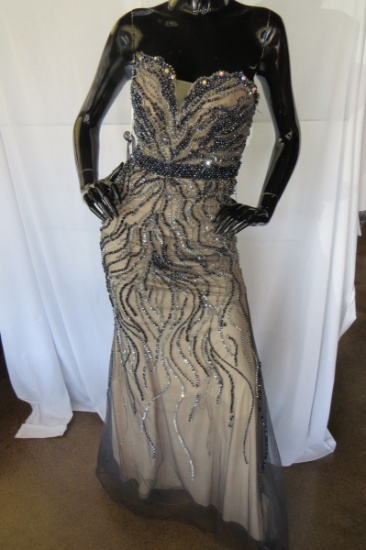 Jovani Highly Detailed Beaded Strapless Gown, Gunmetal, Size 4, $460 Retail