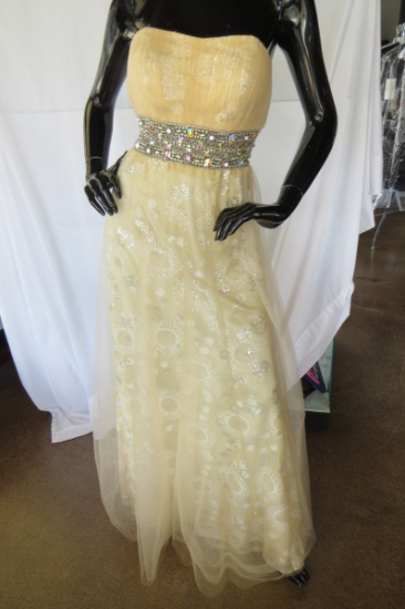 Tony Bowls Beaded Gown, Gold, Size 4, $493 Retail Price, with Plastic Dress
