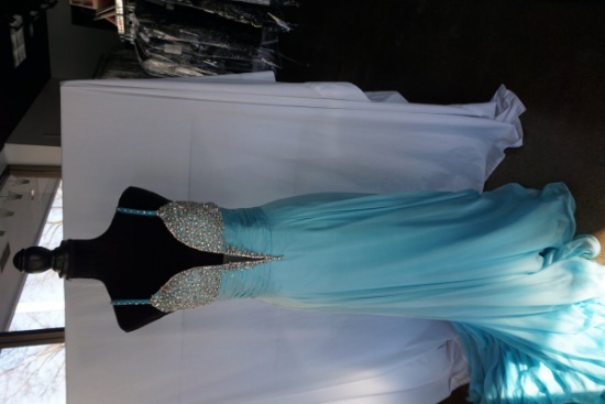 Mac Duggal Beaded Evening Gown, Size 6, Aqua, $1439 Retail Cost, Plastic Dr