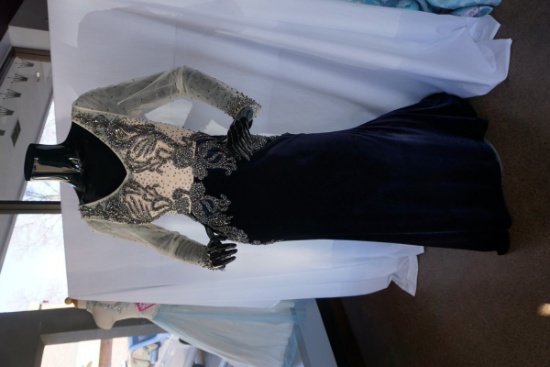 Azzure Couture, Beaded and Velvet Long sleeve Gown, Size 4, Navy & Nude, $4