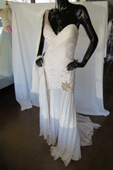 Mac Duggal Beaded Evening Gown, White, $1,600 Retail Price, One Shoulder, S