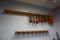 (9) Violins (Parts Only) & (2) Handmade Oak Violin Wall Mount Racks. (Local