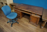 Solid Wood Double Pedestal Office Desk with Center Drawer & Rolling Padded
