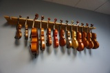 (13) Violins (Parts Only) & (1) Handmade Oak Violin Wall Mount Rack. (Local