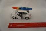Die Cast Metal (Approx 1/32 Scale) VW Beetle with Surfboard (No Box).