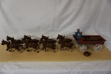 Cast Iron Horse & Wagon Set with (6) Horses, (2) Men, Beer Kegs Barrels.