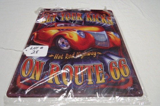 "Get Your Kicks on Route 66" Metal Reproduction Sign, 12" Wide x 15" Tall.