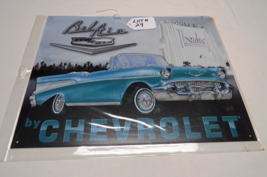 Bel Air bt Chevrolet Metal Reproduction Sign, 16" Wide x 12" Tall.