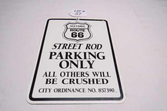 Historic Route 66 Street Rod Parking Only Metal Reproduction Sign, 8 3/4" Wide x 11 1/2" Tall.