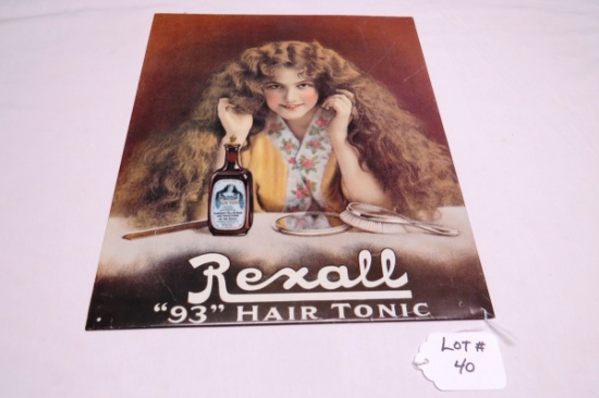 Rexall Hair Tonic Metal Reproduction Sign, 13" Wide x 15 1/2" Tall.