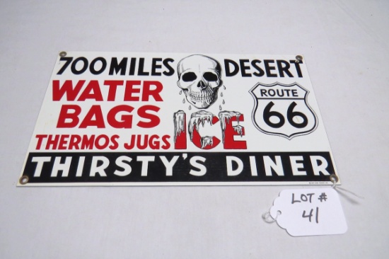 Heavy Duty Enamel Sign, "Thirsty's Diner" 7" Tall x 12 1/2" Wide.