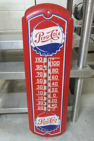 Old Metal Pepsi Cola Thermometer with Mercury, 27" Tall x 8 1/2" Wide.