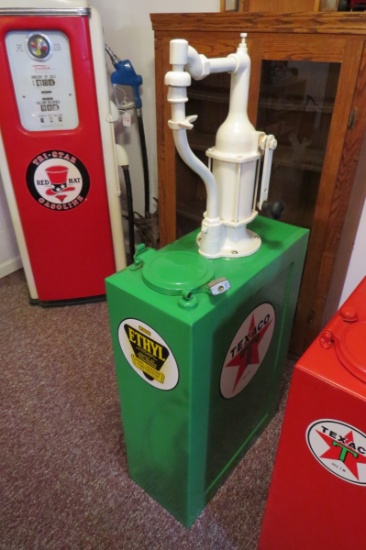 Antique Hand Crank Oil Pump - Sinclair, Ethyl & Texaco Stickers.