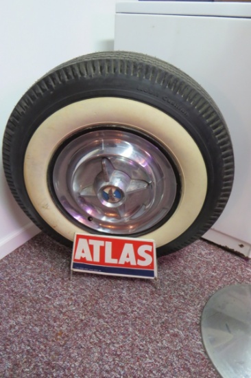Atlas Tire Wire Display Rack with Old Mobile Tire & Olds Hub Cap.
