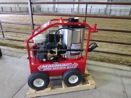New Magnum Gold 4000 PSI 12V Hot Water Pressure Washer, 15HP Gas Engine, Self Contained. (Located in