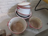 (9) Pieces of Red & White Antique Enamelware Pots, Pans & Pails.