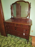 Antique 4-Drawer Oak Veneer Dresser with Mirror.