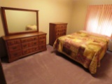 3-Piece Maple Bedroom Set with Double Bed, 9-Drawer Dresser with Mirror & 5-Drawer Chest of Drawers.