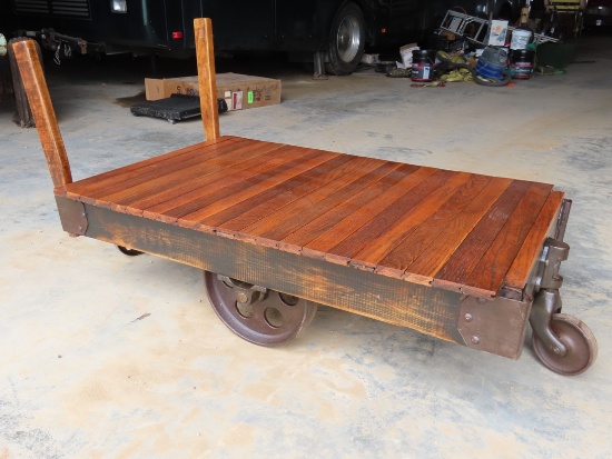 Heavy Duty Railroad 4-Wheel Freight Cart with Cast Iron Wheels, Oak Top & (2) Handles.