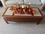 4-Piece Oak & Marble Topped Coffee Table with Tru-Tone AM/FM/Record Player & (3) Matching Lamp Table