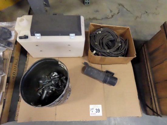 Pallet of Misc 3-Point Pins, Electrical Outlets, Plastic Tank.