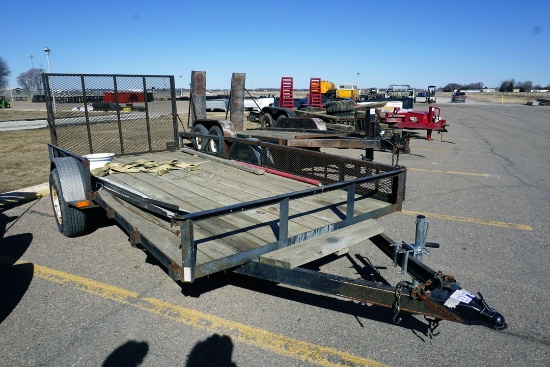 H & W 14' Single Axle Flatbed Trailer, Rear Fold Up Ramp, 12" Steel Sides, 215/75R15 Radial Tires