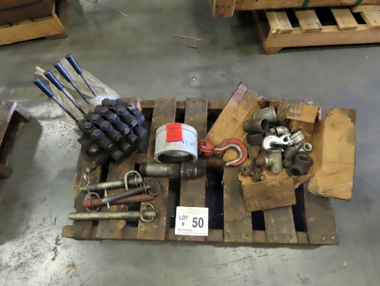Small Pallet of Hydraulic Lever Control, Hitch Pins, Misc.