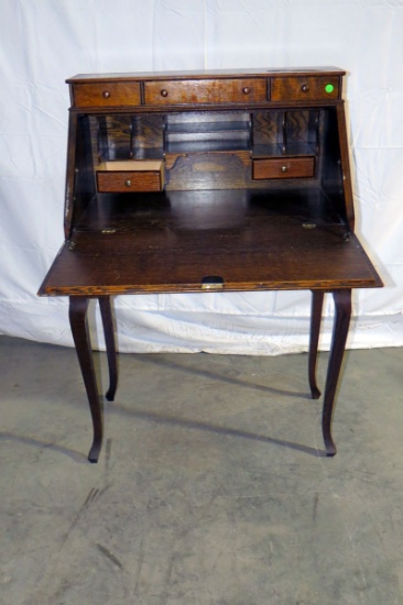 Wood Veneer Drop Front Desk, Queen Anne Legs, Pigeon Holes & 2 Interior Dra