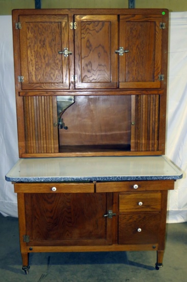 Wood Baker's Cabinet on Wheels, Sliding  Enamel Work Top, Flour Sifter, Spi