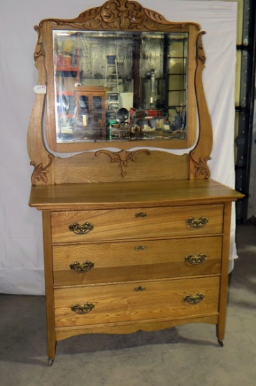 Wood Dresser with Swivel Beveled Mirror, 3 Dove Tailed Drawers, Brass Hardw