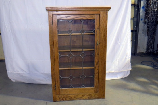 Wood Bookcase, 4 Shelves, Leaded Glass Door, Brass Knob, 47.5" H x 29.5" W