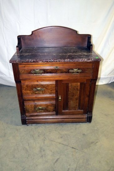 Wood Marble Topped Commode, Brass Owl Head Hardware, on Wheels, 3 Dove Tail