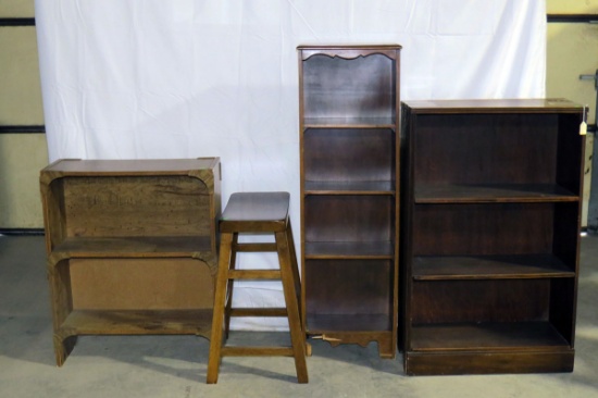 3 Wood Bookcases & 1 Wood Stool, Some Need Repair, Sells as a Lot of 4 Item