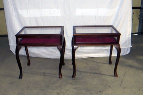 2 Matching Glass Display End Tables, Queen Anne Legs, Felt Bottoms, Hinged