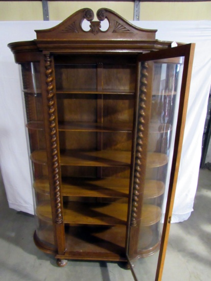 Wood Curved Curio, Glass Front, Plexiglass Curves, Spiral Wood Carved Detai