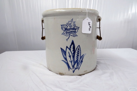 Western Stoneware 5 Gallon Crock, Wire & Wood Handles, No Visible Damage