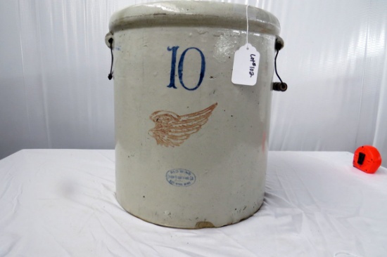 Red Wing 10 Gallon Crock, 1 Wire & Wood Handle, 1 Handle is Missing Wood Co