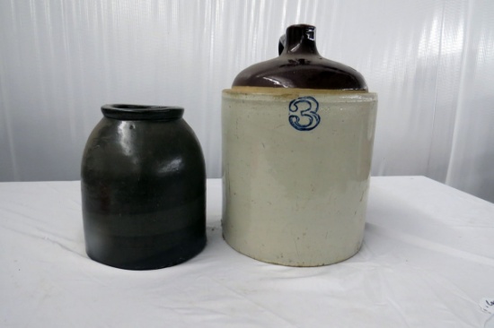 (1) Unmarked 1 Gallon Crock & (1) Unmarked 3 Gallon Jug, Damage Pictured