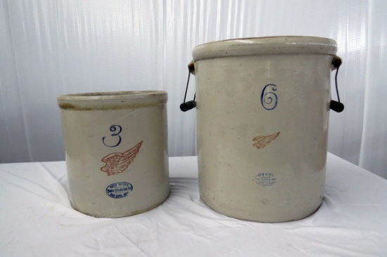 Red Wing 6 Gallon Crock (small wing) w/ Wire & Wooden Handles & Red Wing 3