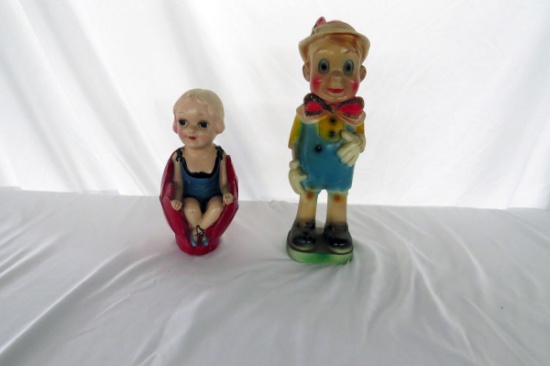 (2) Chalkware Dolls-Pinocchio (15" Height), 1920's Girl (10.5" Height)