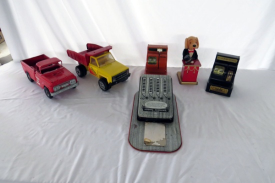 (1) Buddy L Pickup, (1) Tonka Trucks Dump Truck, (2) Uncle Sam's Register B