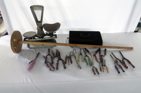 (1) Antique Scale, (17) Antique Curling Irons, (1) Butter Churn Plunger, (1