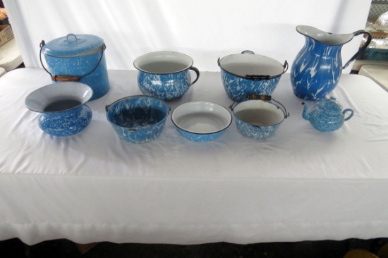 Large Lot of Enamelware (9 Pieces in Lot)- (1) Covered Pot w/ Handle, (1) C