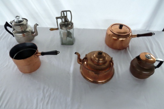 (1) Glass Quart Hand Crank Butter Churn, (2) Copper Pots, (1) Copper Coffee