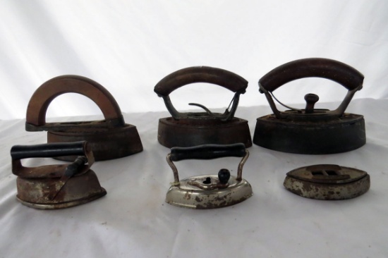 (6) Metal Sad Irons, 1 is Missing Handle