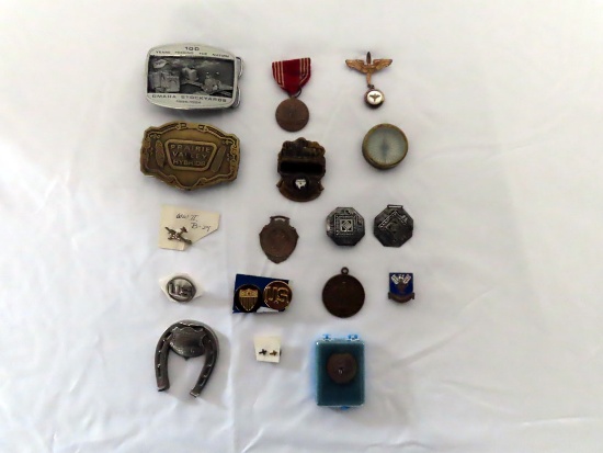 (3) Belt Buckles, (1) WWII B-29 Airplane Pin, (3) Military Pins, (1) 'The N