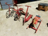 (2) Antique Childs Tricycles;, Antique Metal Scooter, Antique Wood Rocking
