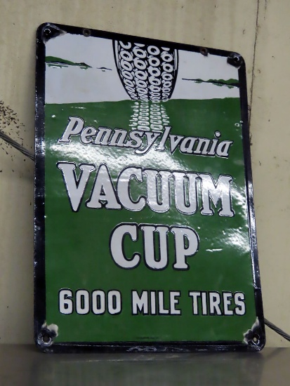 Pennsylvania "Vacuum Cup" 6000 Mile Tires Enamelware Double Sided Sign.