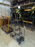 Rolling Metal Warehouse Ladder & 4-Wheel Wood Freight Cart.